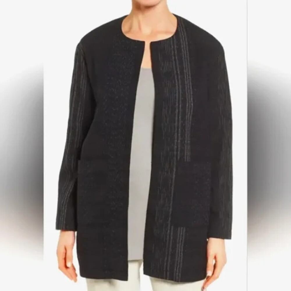 Eileen Fisher Koshi Crossings Organic Cotton Oversized Long Jacket Black/Gray XS